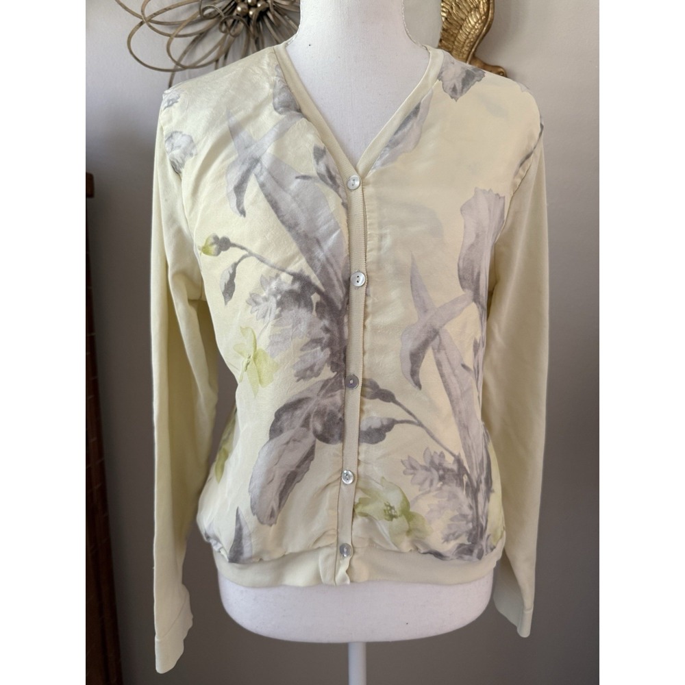 Silk Collection Medium Silk Front Floral Cardigan Ivory Gray Green Button